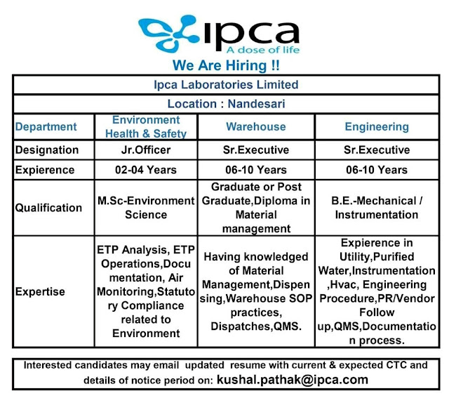 Job Availables, Ipca Job Opening For EHS/ Warehouse/ Engineering Department