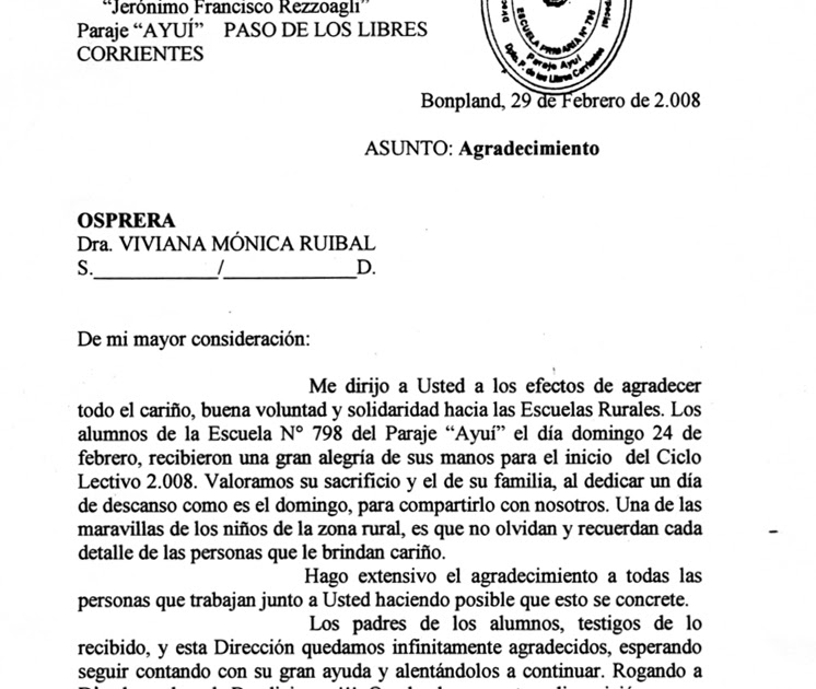 De la UATRE y OSPRERA a las Escuelas Rurales: Carta de 