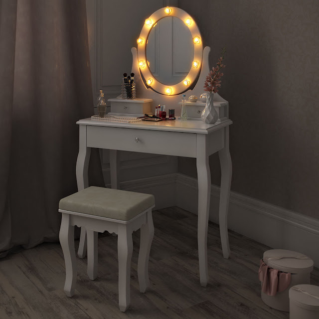 cute small portable vanity table with stool and lights