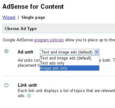 Google AdSense ad unit drop down menu