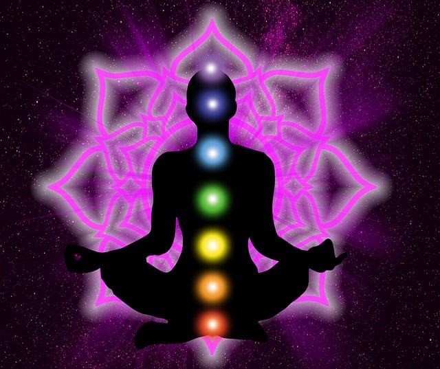 A Person practice meditation. 7 Chakra energy centers open.