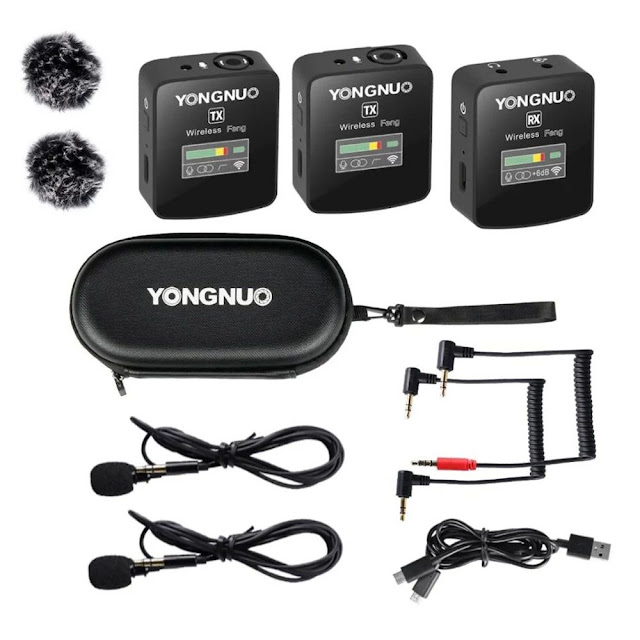 YONGNUO Feng One-Trigger-Two 2.4G Wireless Microphone System with 2 * Transmitters + 1 * Receiver + 2 * Clip-on Microphones Max.150M Transmission Rang TFT Screen Built-in Battery 3.5mm Plug for Smartphone DSLR Camera Laptop PC Vlog Live Streaming Interview Video Recording