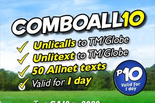 COMBOALL10 - Unlimited Calls and Text to TM/Globe, 50 Texts to All Networks, 1 Day Validity