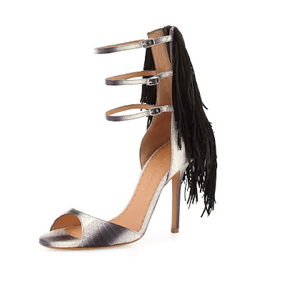 Alexa Wagner metallic peeptoe heels with black fringe detail at the back