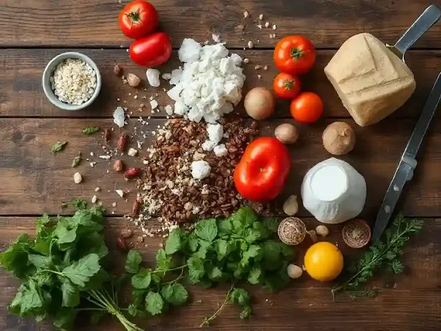 Raw ingredients for easy Chicken Alfredo Lasagna on wooden table: chicken breasts, lasagna noodles, fresh parsley, garlic, parmesan, ricotta, and mozzarella cheeses.