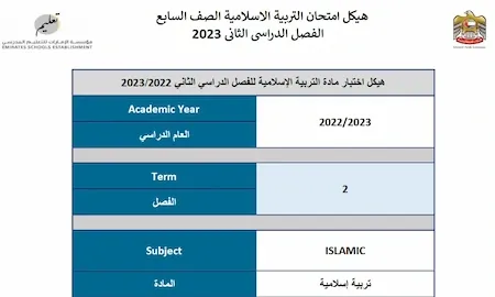 هيكل امتحان التربية الاسلامية الصف السابع الفصل الدراسى الثانى 2023