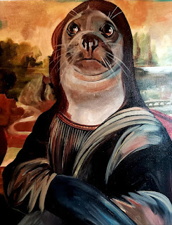 A parody painting of the Mona Lisa, with a seal's face, by Laura Enninga.