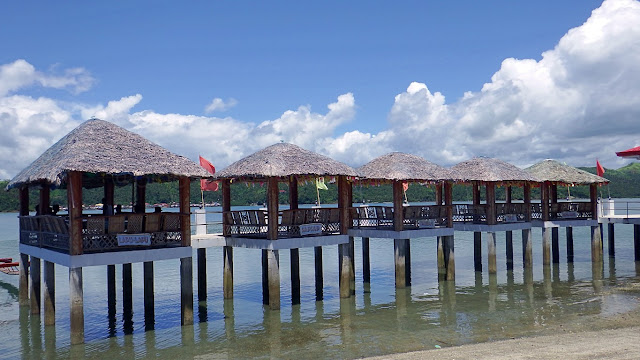 view of the first five water cottages at Juvie's Resort Hotel and Restaurant in San Roque, Catbalogan Samar