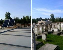 Image of solar panels on the roof of tombstones in a cemetery.
