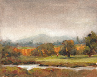 Oil painting of small figures on a golf course by a stream with distant mountains.