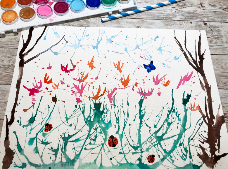 Blow painting meadow of flowers - flower painting ideas