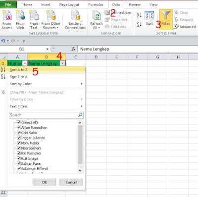 mengurutkan data dari a-z di excel