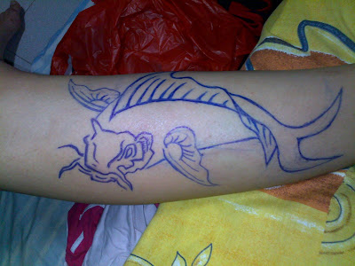 Koi fish on leg Outline sketch