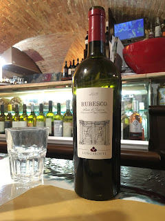 A bottle of the ruby red Rubesco from Torgiano, Umbria, Italy