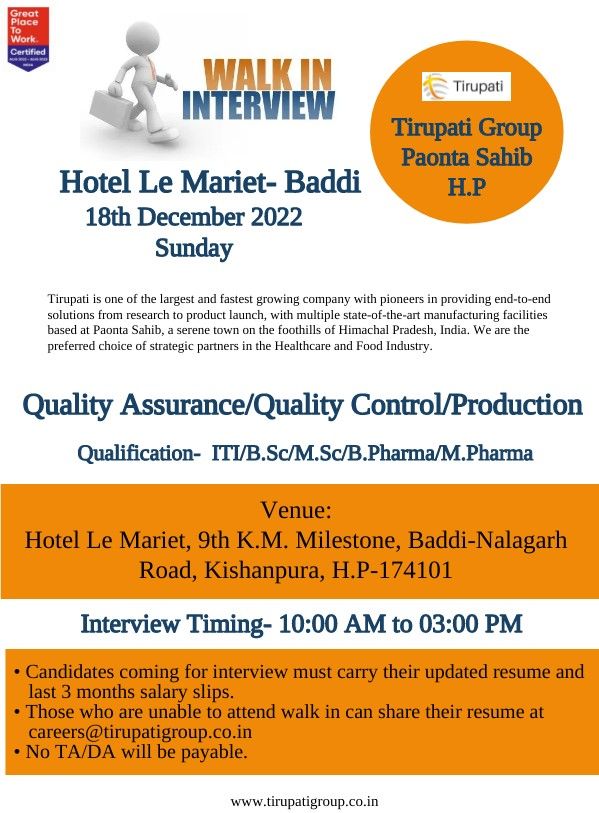 Thirupati Group | Walk-in interview at Baddi for Prod/QC/QA on 18th December 2022
