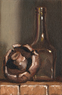 Oil painting of a brown mushroom beside a small long-necked bottle.