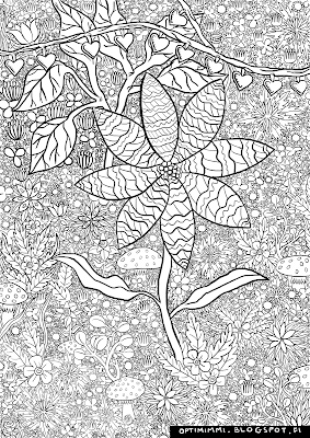 A highly detailed coloring page of flowers and plants / Todella yksityiskohtainen värityskuva kukista ja kasveista