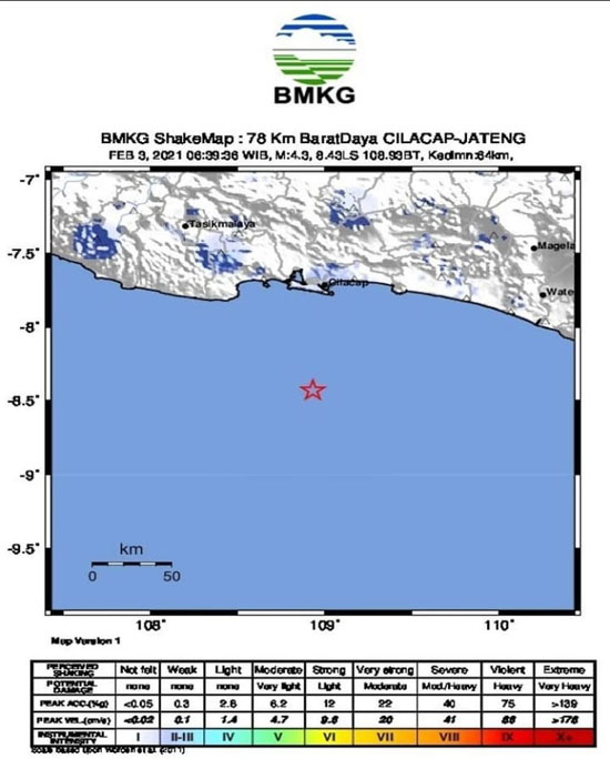 Pagi Ini Cilacap Diguncang Gempa 4.3 Magnitudo