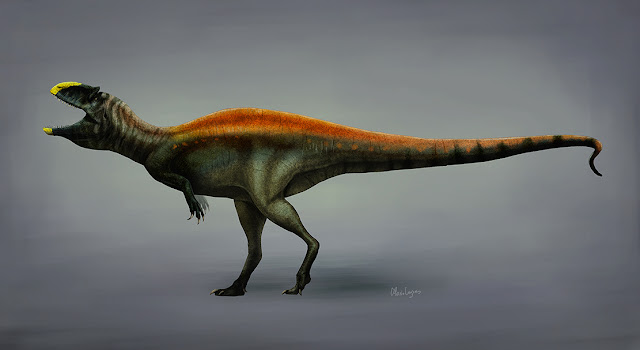 Ilustrasi Siamraptor suwati oleh ahli paleontologi. Dinosaurus predator dari Zaman Kapur ini merupakan anggota kelompok Carcharodontosaurus yang hidup di wilayah Asia