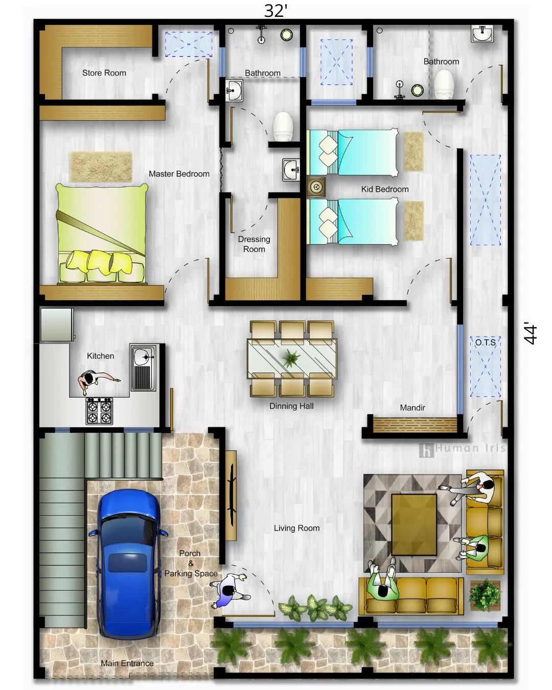 32' x 44' East Facing House Floor Plan As Per Vastu Shastra