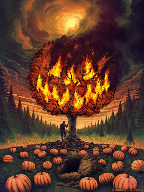 A painting of a muddy field scattered with orange pumpkins and a tree in the middle ablaze in orange flames, shaped like a pumpkin, and yellow flames depicting the eyes & sinister grin of a jack o lantern pumpkin. Above the dark swirl clouds in the sky allow a full moon to peep through over the top of the tree. A man stands under the tree, one hand on it, looking out behind him to a dense forest of fir trees on either side.  Created by Jeffrey Smith