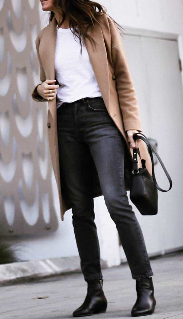 what to wear this fall : cashmere coat + white t-shirt + bag + black jeans + boots