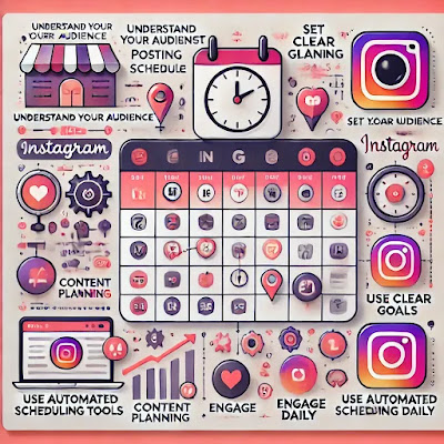 Infographic showing steps to create a consistent Instagram posting schedule, including understanding your audience, setting goals, content planning, using scheduling tools, and engaging daily. Visuals include a calendar, clock, and Instagram icons.