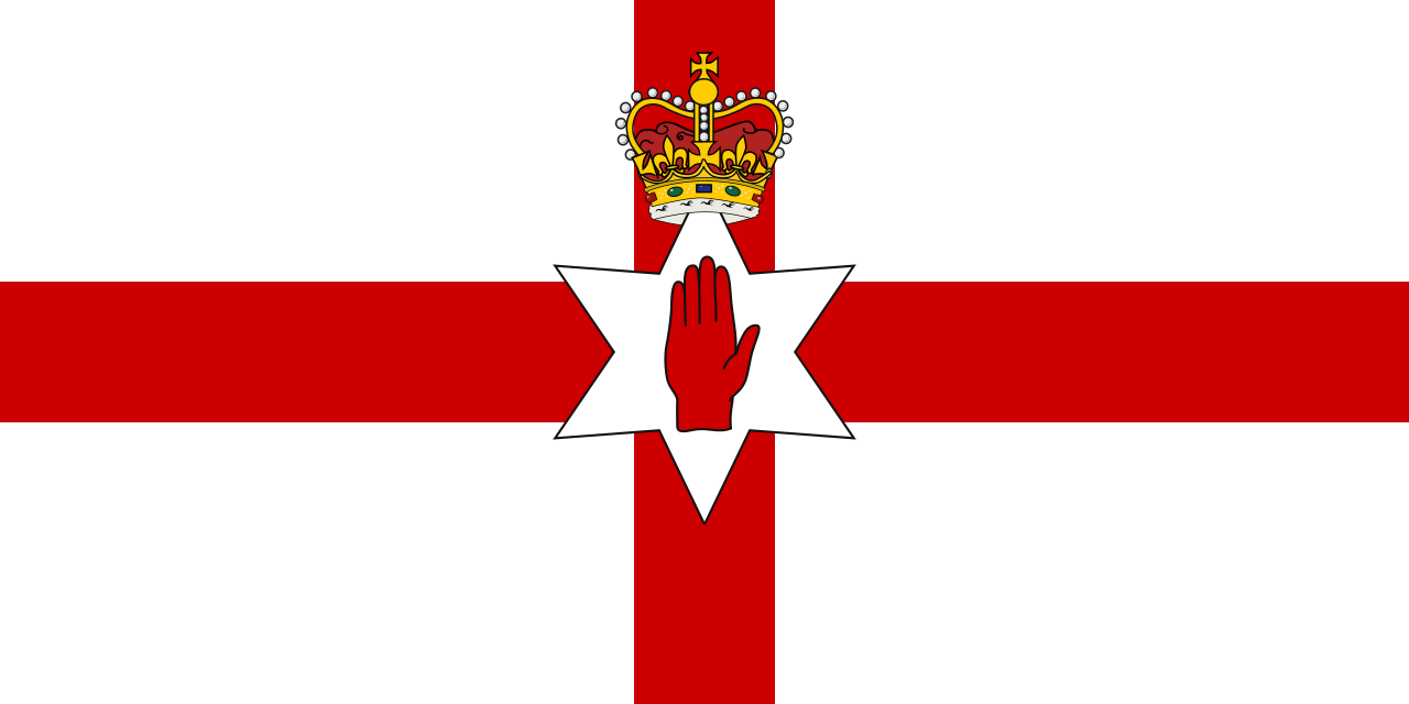 The Ulster Banner (Irish: Meirge Uladh), also unofficially known as the Ulster Flag or Flag of Northern Ireland, is a heraldic banner taken from the former coat of arms of Northern Ireland, consisting of a red cross on a white field, upon which is a crowned six-pointed star with a red hand in the centre.