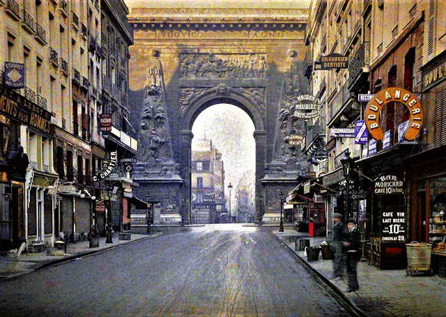 Old photo  looking along Rue du Faubourg Saint-Denis towards Porte Saint-Denis Paris