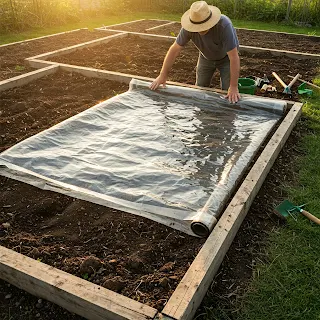 A man in a garden carefully laying down clear plastic sheeting over a freshly tilled garden bed.