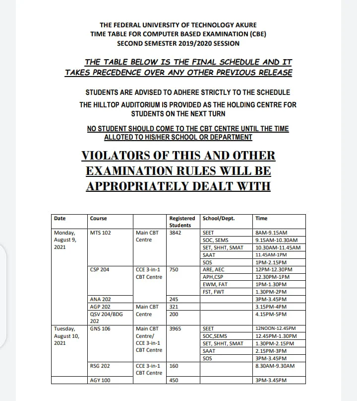 FUTA CBE Final Exam Timetable 2nd Semester 2019/2020