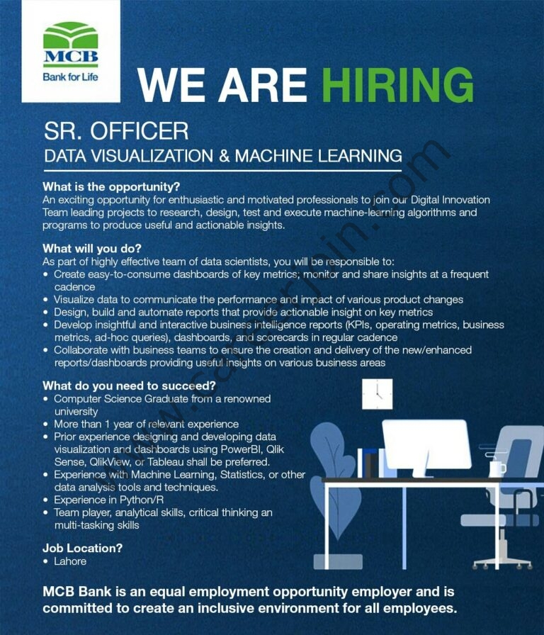 MCB Bank Limited Jobs Senior Officer Data Visualization & Machine Learning