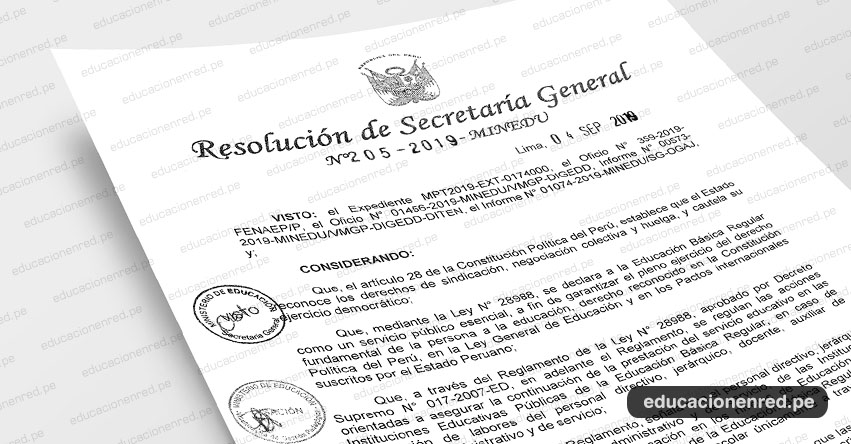 R. S. G. N° 205-2019-MINEDU - Declaran improcedente la comunicación del paro nacional para el día 10 de setiembre de 2019, presentada por la Federación nacional de Auxiliares de Educación del Perú - FENAEP