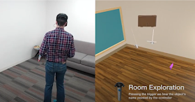 Una persona explorando objetos en un entorno de realidad virtual. Pulsa en la imagen para acceder al vídeo