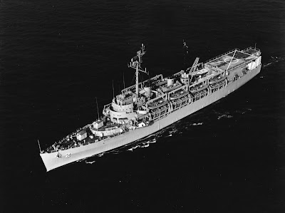 USS Ozark MCS2 underway off Norfolk Virginia on 31 August 1966 with Mine Sweeping Launches MSL33 31 40 48 47 and 42