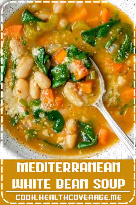 Try this vegan Mediterranean White Bean Soup for lunch of dinner. It's a quick gluten free soup recipe that's filled with vegetables and plant-based protein #Beans #whitebeans #crockpot #soup #recipes #simple