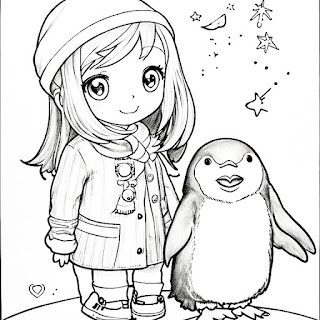 cute coloring pages for kids penguin and girl