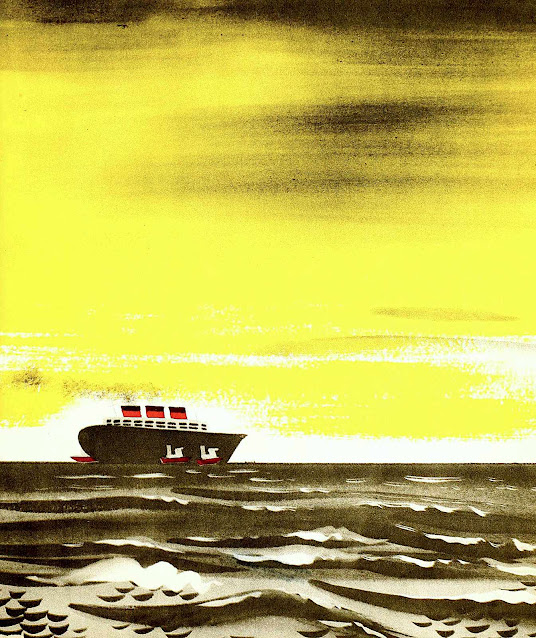 a Leonard Weisgard 1942 children's book illustration of a cruise ship with yellow sky