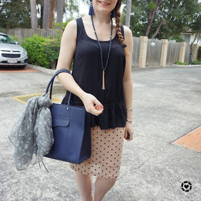 awayfromtheblue instagram | black peplum tank with blush polka dot pencil skirt navy mab tote bag with scarf