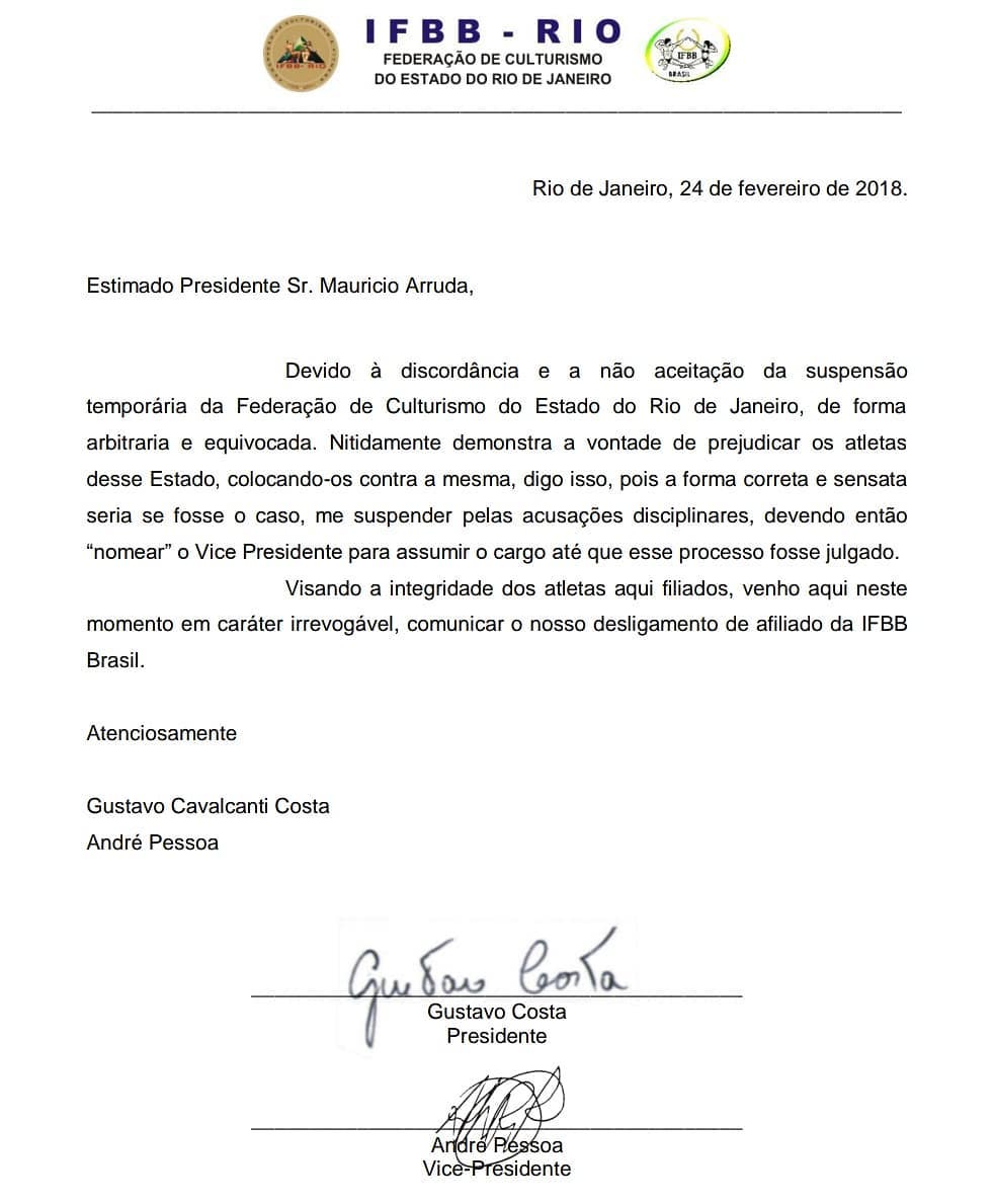 Presidente da IFBB-RIO comunica desligamento de afiliação 