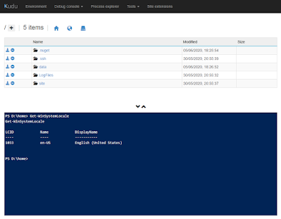 Kudu console showing regional settings for an AppService instance