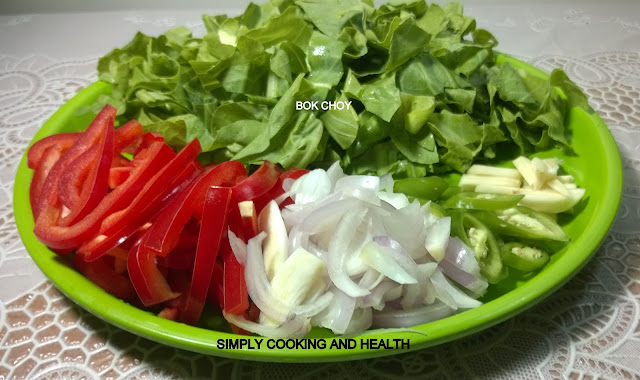 Bok choy,,capsicum,onion,garlic and green chili