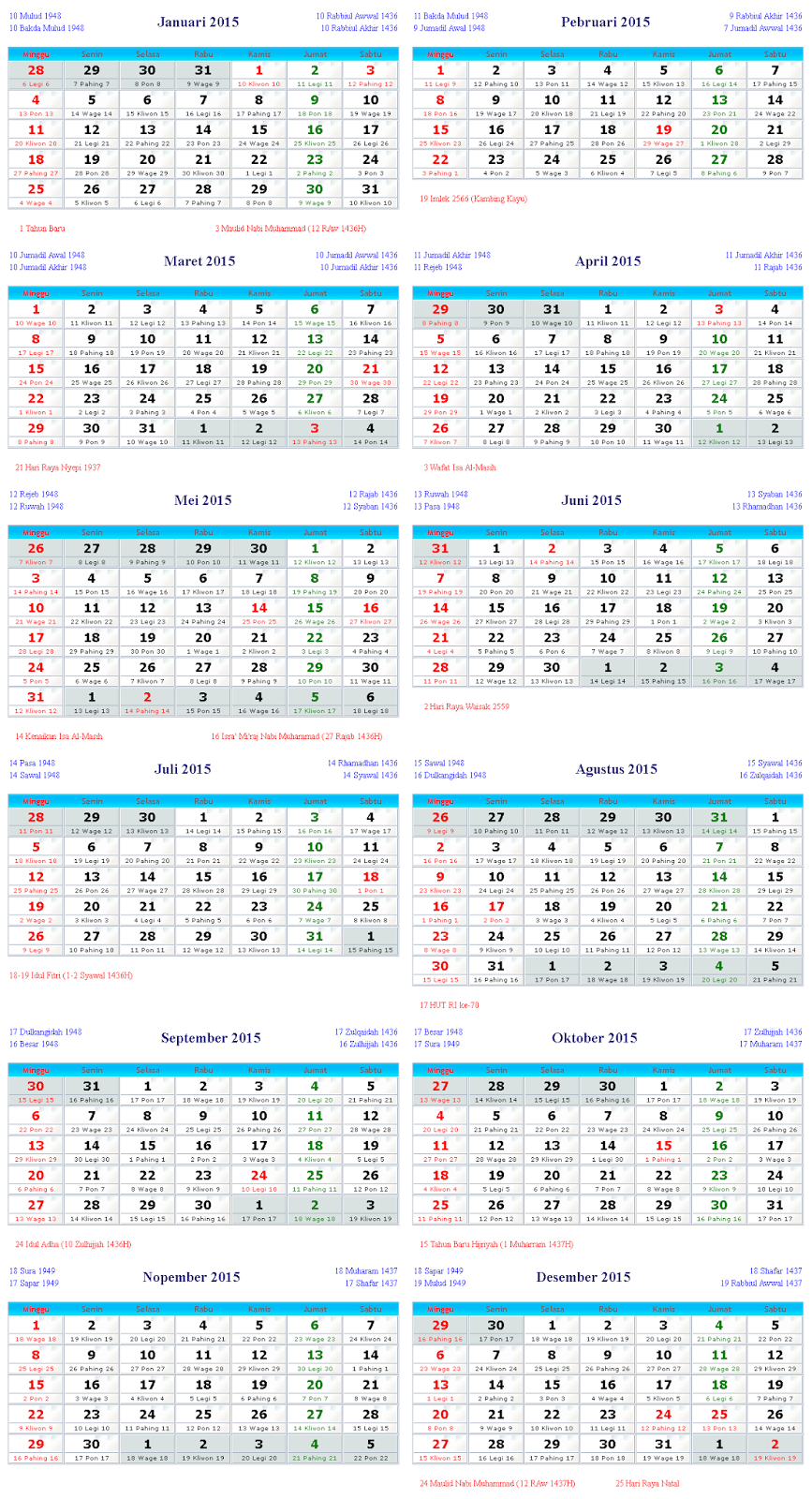 Kalender Indonesia 2015 + Hari Libur Nasional dan Cuti 