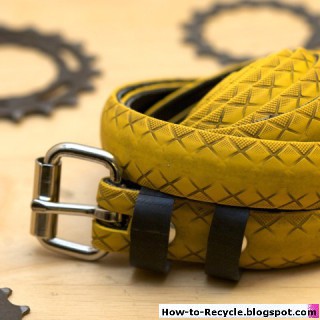 This is unique yellow tire belt is made from a used road bike tire.