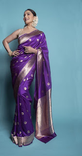 Golden blouse and purple saree combination