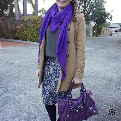 awayfromblue instagram | trench coat, lace pencil skirt and plain tee for office with purple scarf and Balenciaga work bag