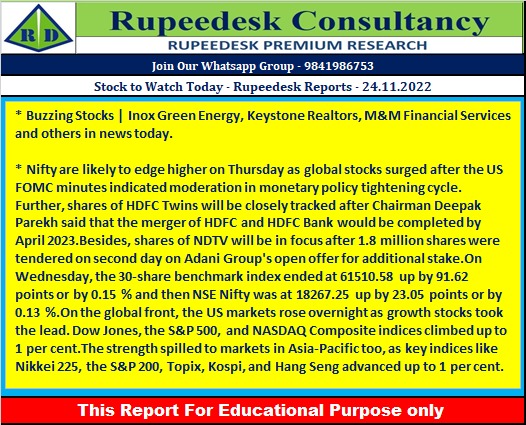 Stock to Watch Today - Rupeedesk Reports - 24.11.2022