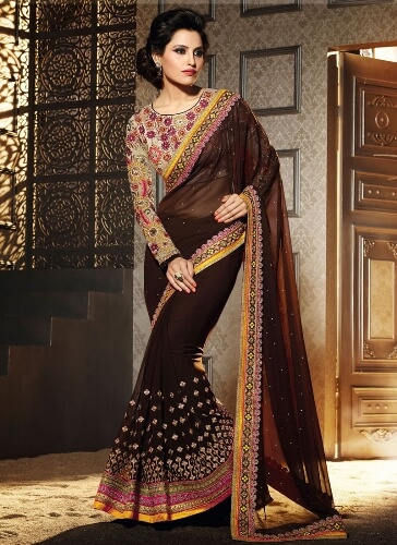 Deep Brown Embroidery Saree