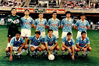 REAL CLUB CELTA DE VIGO - Vigo, Pontevedra, España - Temporada 1991-92 - Villanueva, Fabiano, Otero, Dadíe, Mandiá, Juric; Gil, Aguirrechu, Gudelj, Salillas y Damián - BARCELONA ATLÉTICO 4 (Pinilla, Guardiola, Priego y Vera), REAL CLUB CELTA DE VIGO 1 (Gudelj) - 21/09/1991 - Liga de 2ª División, jornada 4 - Barcelona, Mini Estadi - El CELTA, dirigido por Chechu Rojo, se clasificó 1º en la Liga de 2ª División, consiguiendo el ascenso a 1ª