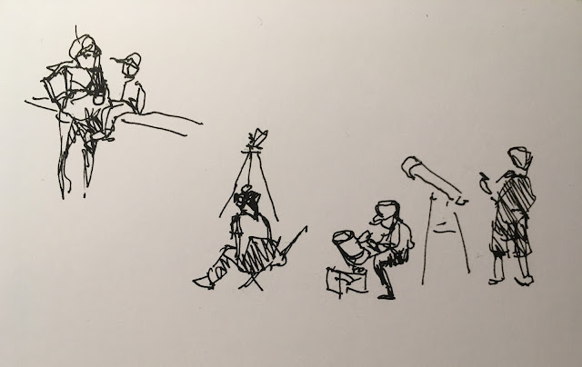 pen and ink sketches of people - pregnant mother and young son sitting on wall, serious people with telescopes and tripods